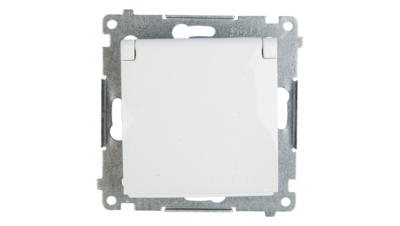 Simon 54 Gniazdo pojedyncze z/u 16A IP44 z przesłoną torów z klapką białe DGZ1BUZ.01/11