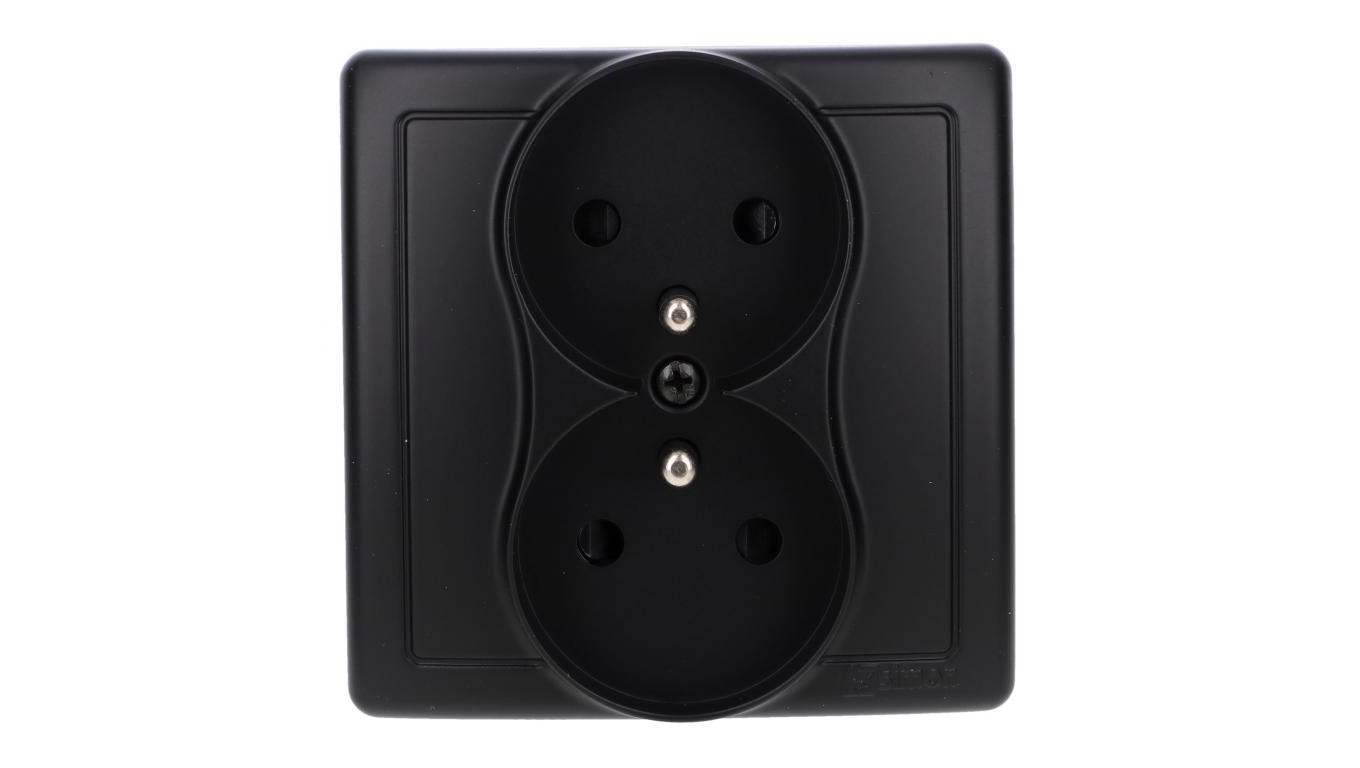 Simon Basic Gniazdo wtyczkowe z uziemieniem podwójne, monoblok, z przesł.torów prądowych zac.śrubowe czarny kompletne BMGZ2Z/49