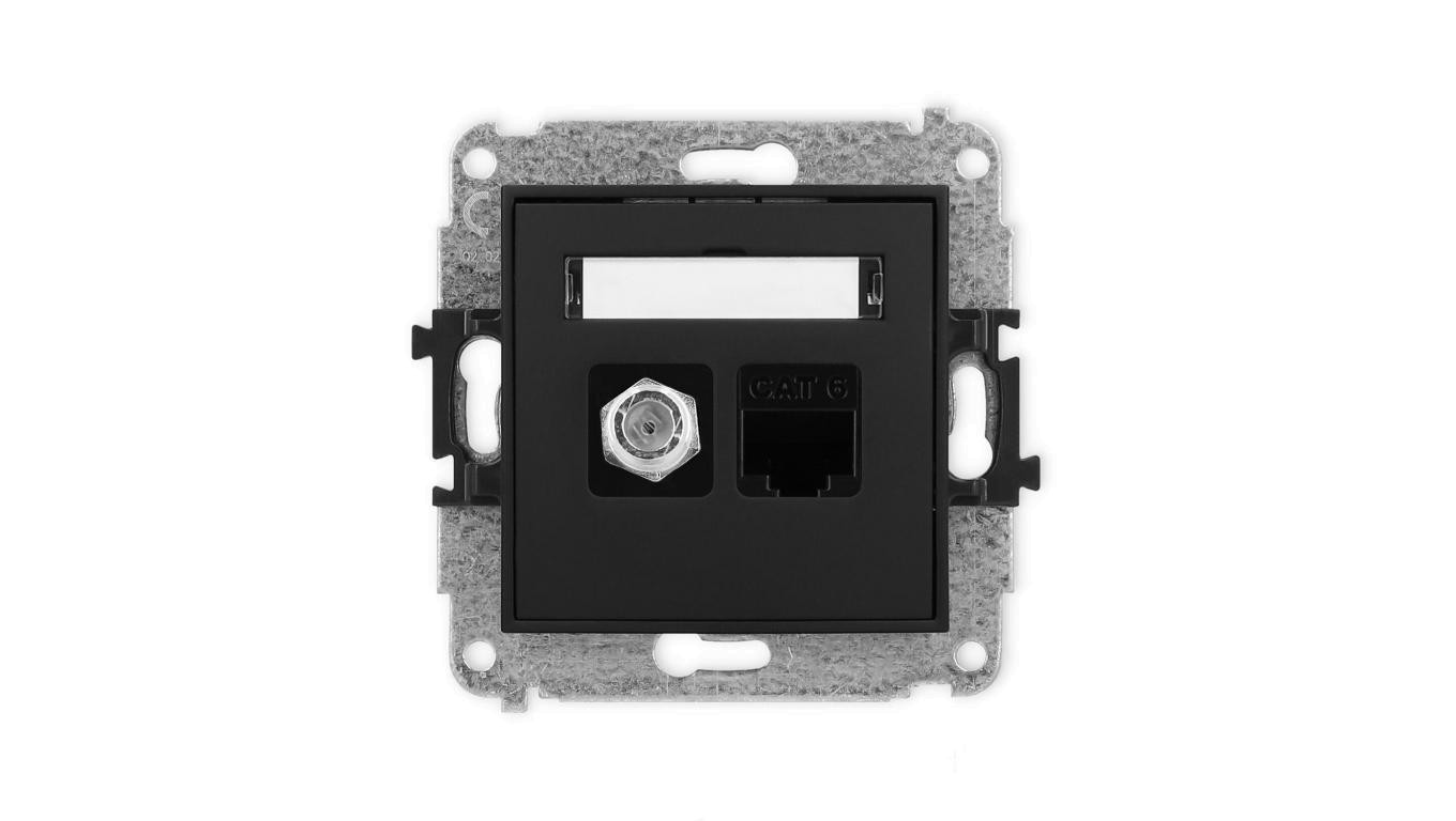 ICON Mechanizm gniazda antenowego poj. typu F (SAT) + gniazda komp. poj. 1xRJ45, kat. 6, 8-stykowy czarny mat 12IGFK-3