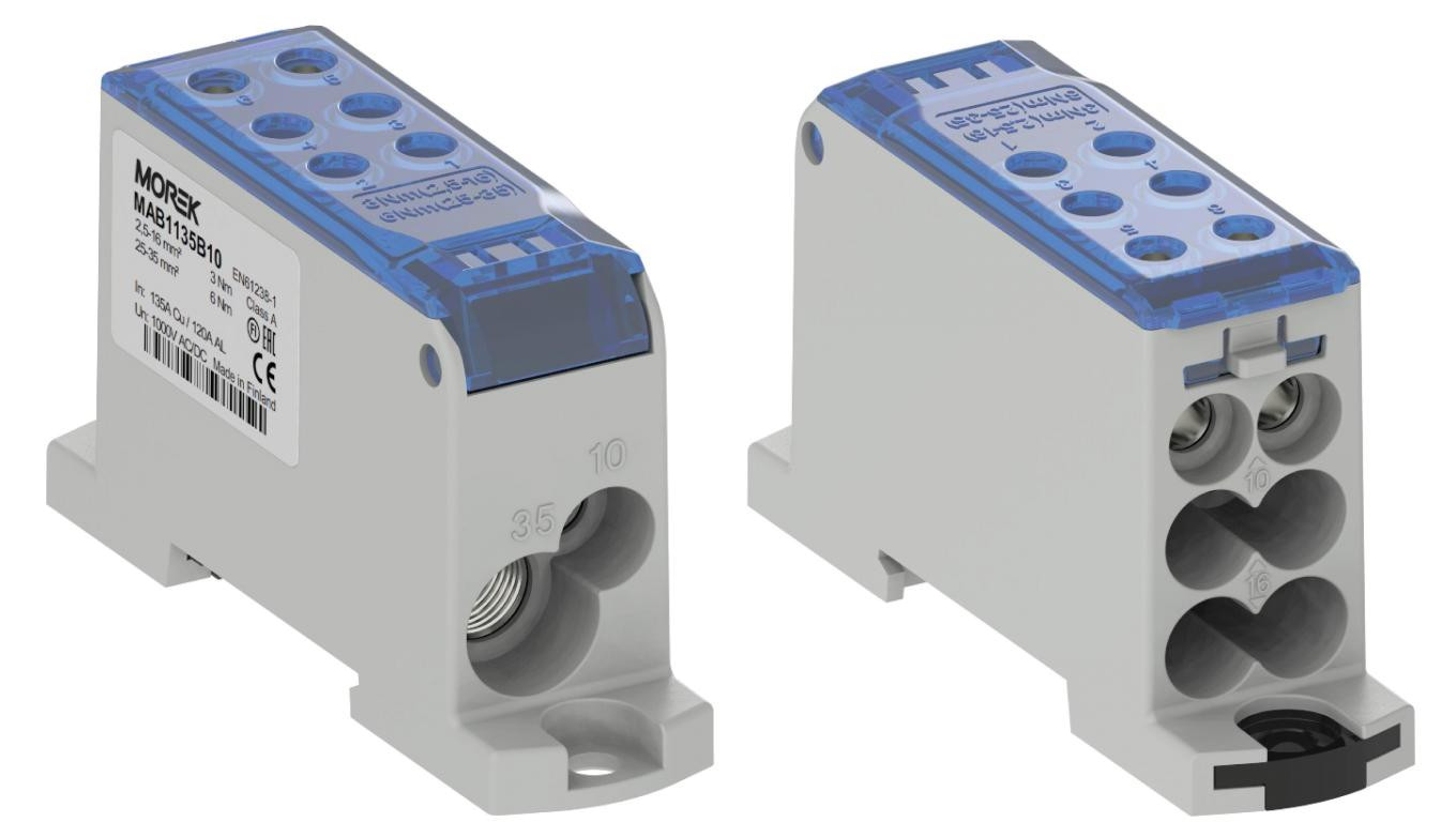 Blok dystrybucyjny - rozdzielczy OJL135A niebieski AL/CU we:1x2,5-35mm2 /1x2,5-10mm2 wy: 4x2,5-16mm2/2x2,5-10mm2 1000V MAB1135B1