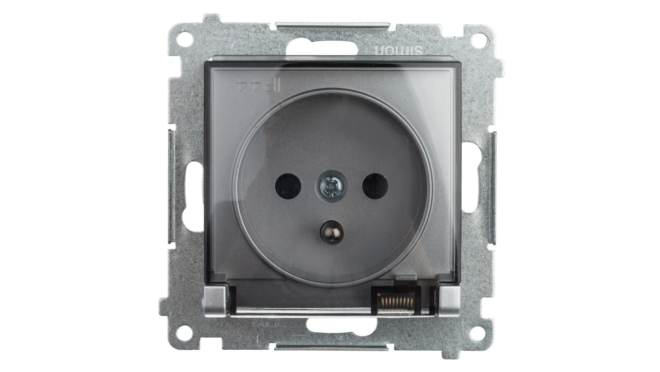 Simon 54 Gniazdo bryzgoszczelne z/u IP44 z klapką transparentną bez uszczelki srebrny mat DGZ1BUZ.01/43A