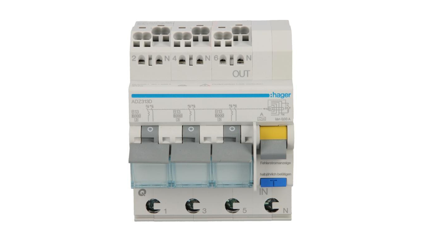 Wyłącznik różnicowo-nadprądowy RCBO 3x1P+N B13A 0,03A Typ A 6kA RCBO ADZ313D