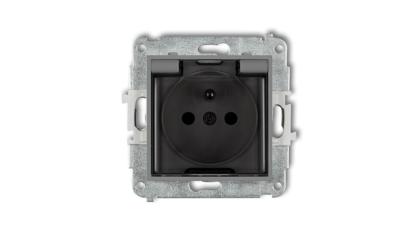 ICON Mechanizm gniazda bryzgoszczelnego z uziemieniem 2P+Z (klapka dymna, przesłony torów prądowych) szary mat 27IGPB-1zdp