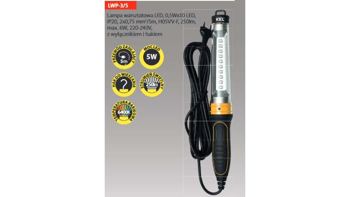 Oprawa przenośna warsztatowa LED 6W 250lm z hakiem LWP-3/5