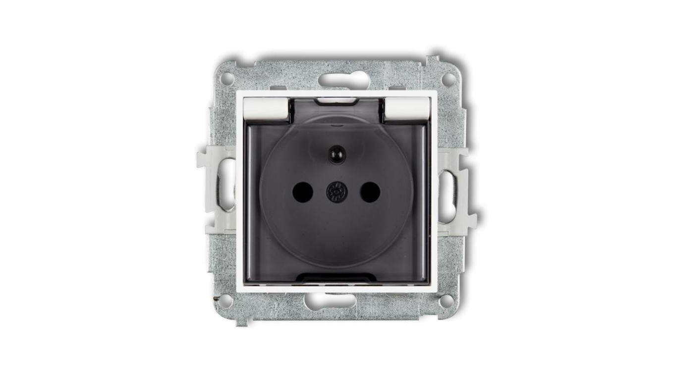 ICON Mechanizm gniazda bryzgoszczelnego z uziemieniem 2P+Z (klapka dymna, przesłony torów prądowych) biały mat 25IGPB-1zdp