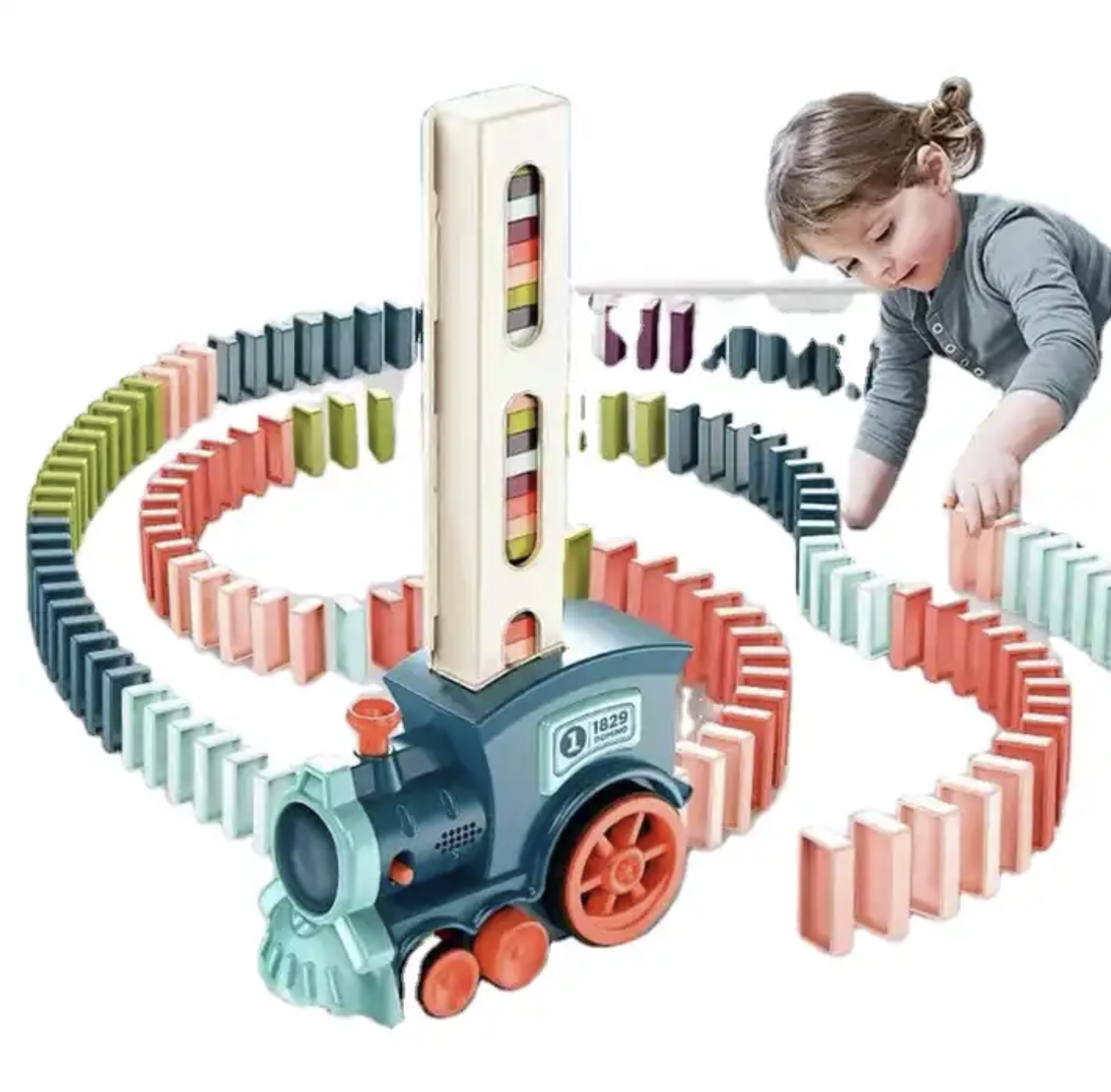 Interaktywny Pociąg, Kolejka układająca Domino dla Dzieci - Niebieska