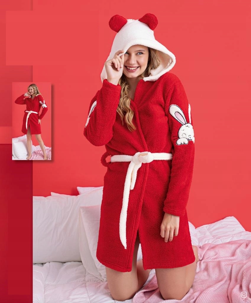 Szlafrok damski z kapturem miękki pluszowy soft czerwony króliczek M