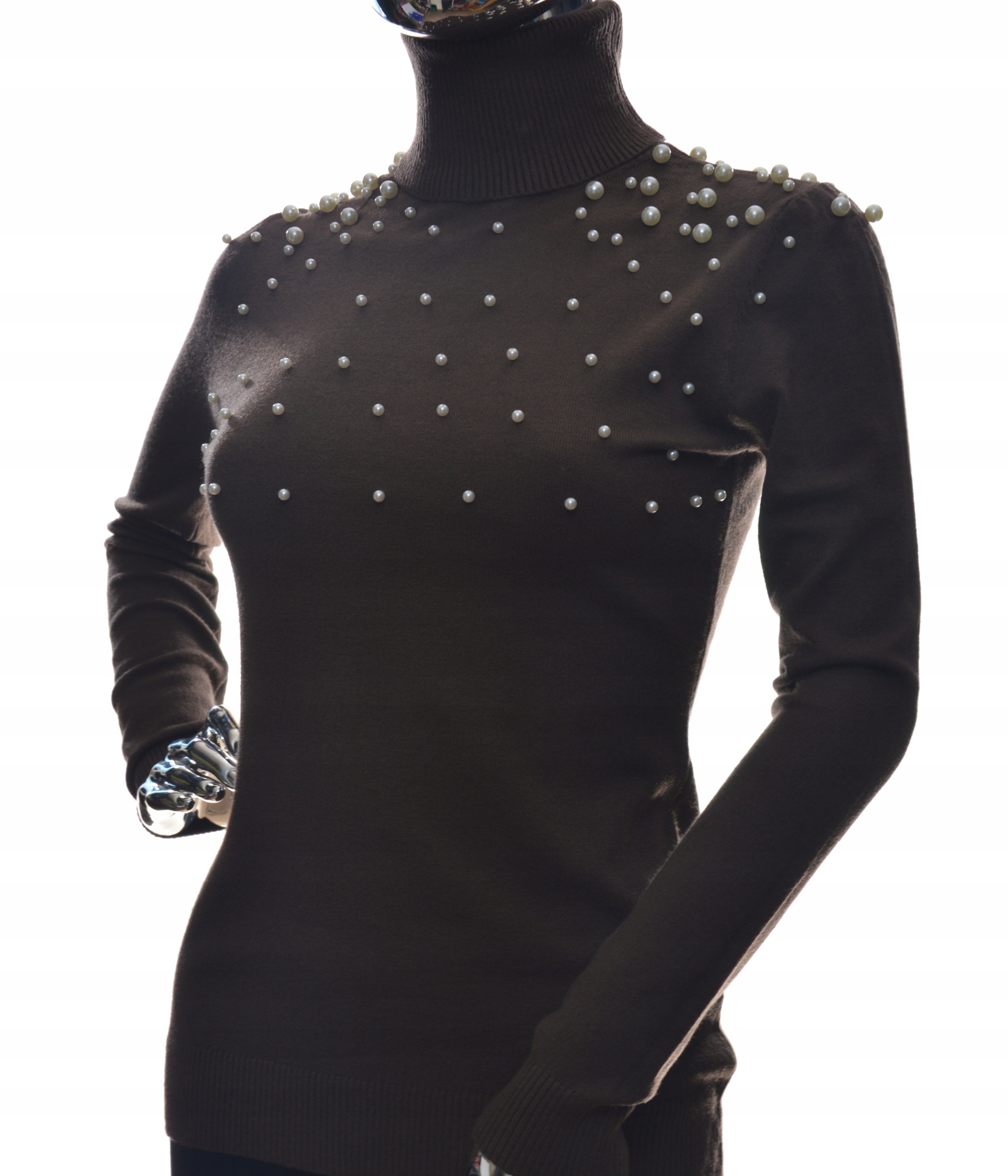 Damski golf sweter z golfem perełkami perełki UNI