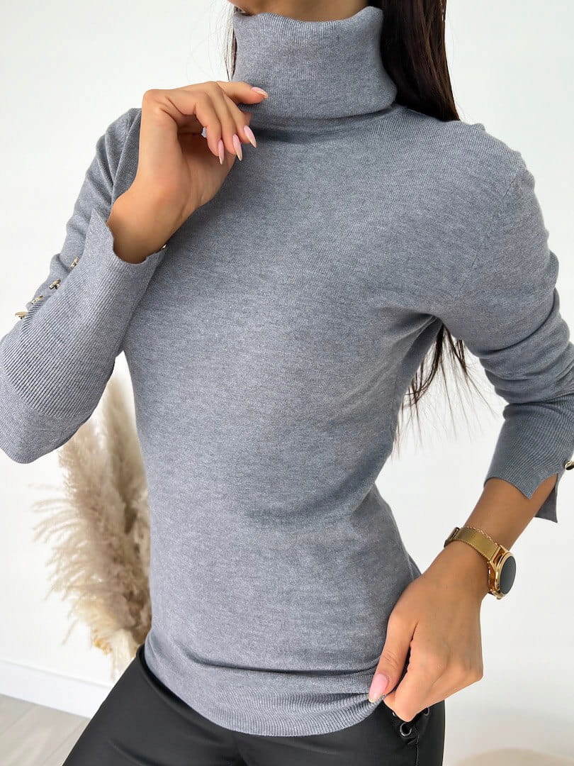 Damski sweter z golfem golf basic szary guziki uni