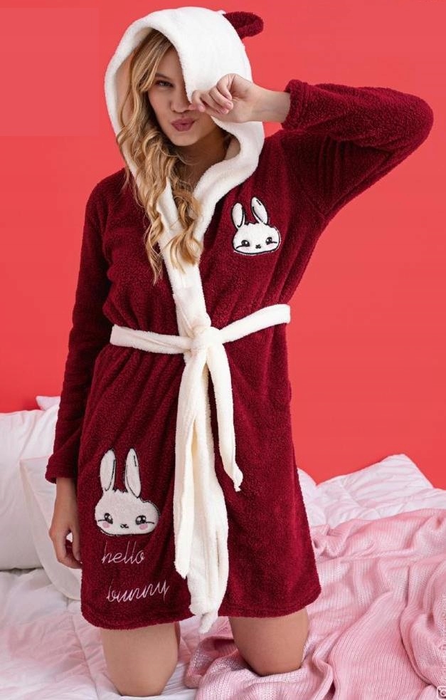 Szlafrok damski z kapturem miękki pluszowy soft bordowy króliczek XXL