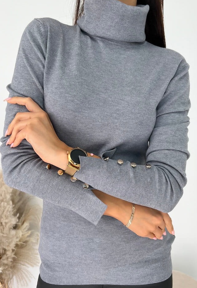 Damski sweter z golfem golf basic szary guziki uni