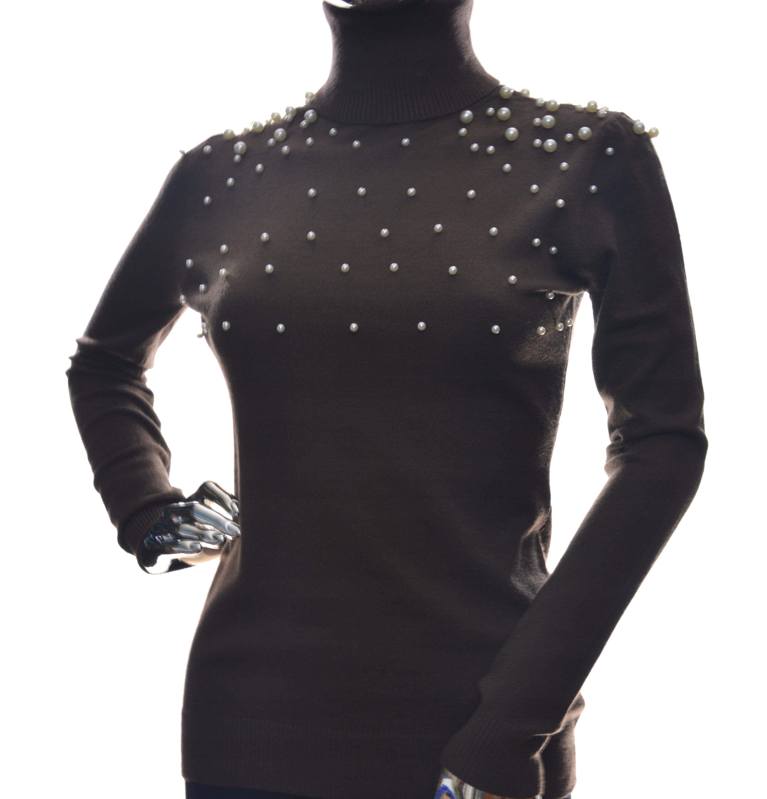 Damski golf sweter z golfem perełkami perełki UNI