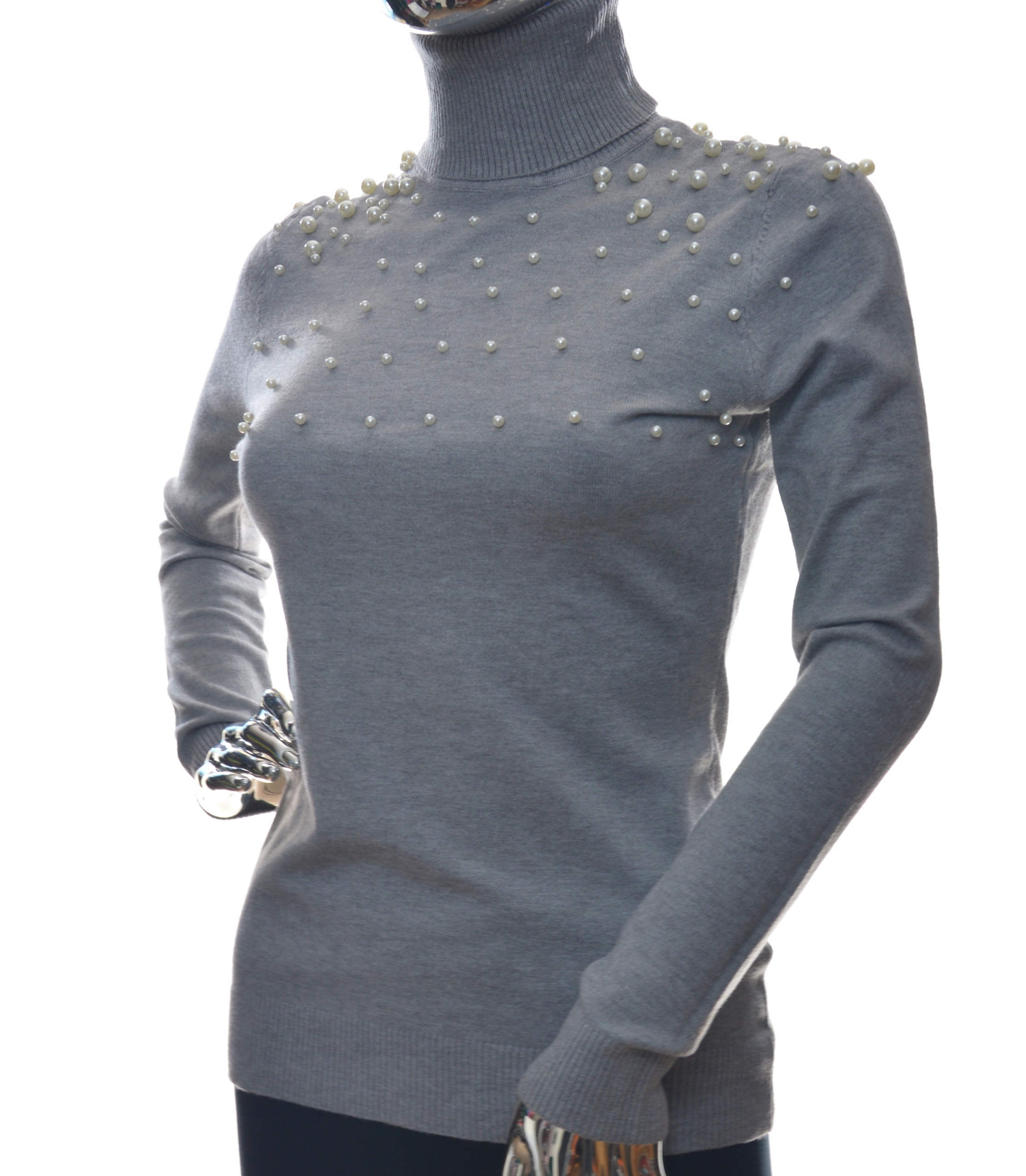 Damski golf sweter z golfem perełkami perełki UNI