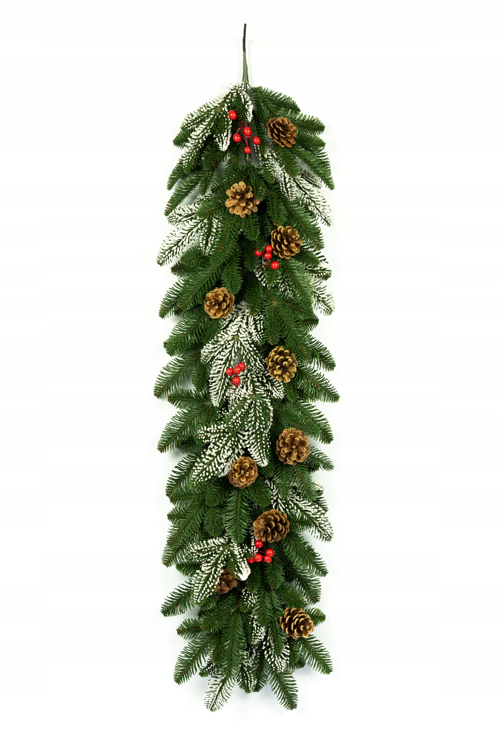 Ghirlandă FROZEN 110 cm, realistă și durabilă, cu crenguțe, conuri și efect de zăpadă — ideală pentru decorațiuni festive interioare și exterioare protejate.