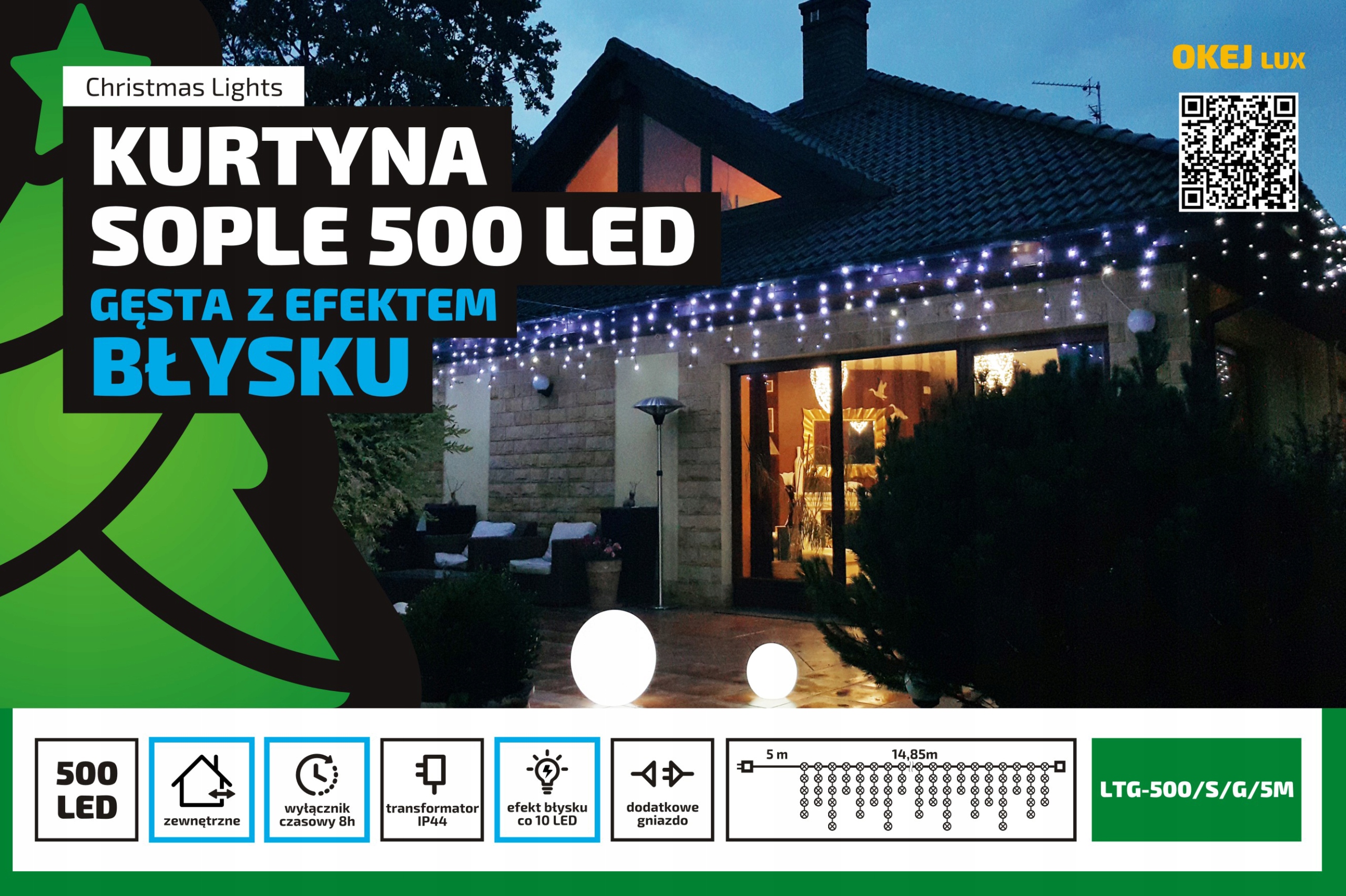 Gęste Lampki Sople LED zewnętrzne: ciepłe białe +flash. Kurtyna świetlna LED Gęste Lampki Sople LED zewnętrzne: ciepłe białe +flash. Kurtyna świetlna LED