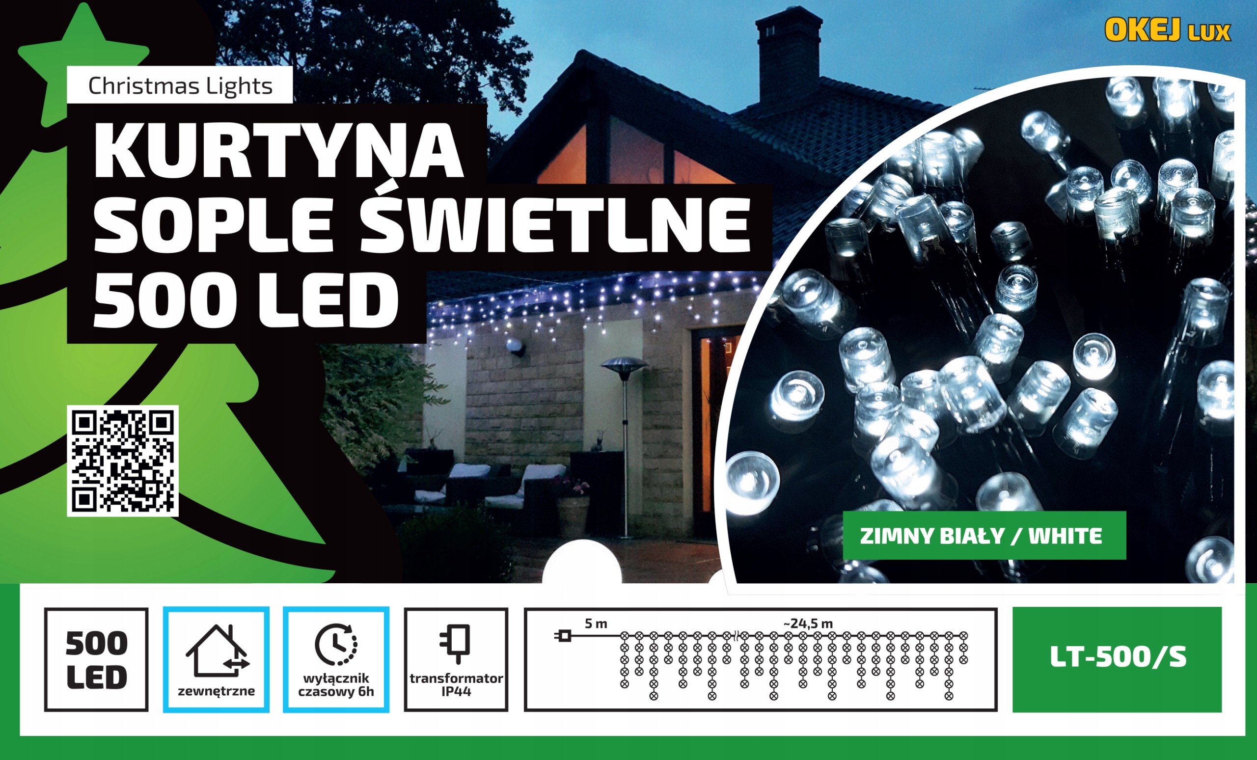 Sople Ledowe 25m zewnętrzne - 500 diod zimne białe światło stałe