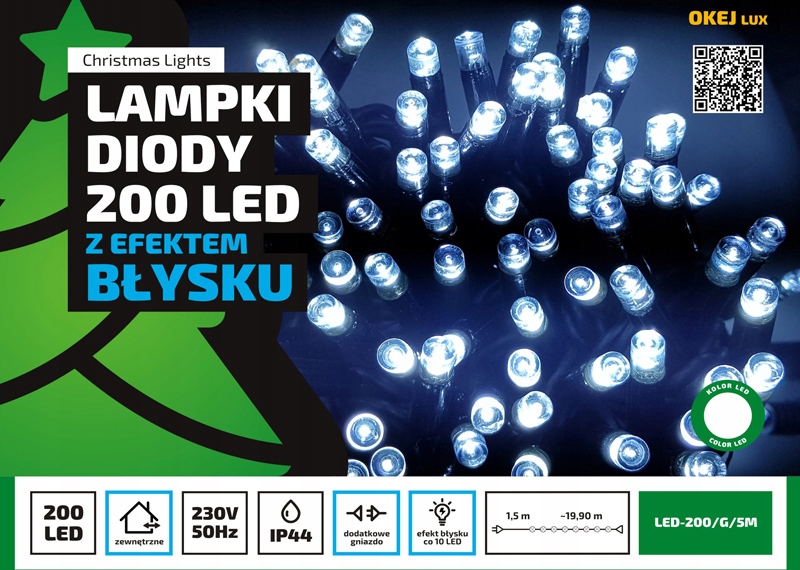 Długie Lampki Choinkowe Flash - 200 LED, 20 metrów dekoracji, gniazdo do łączenia