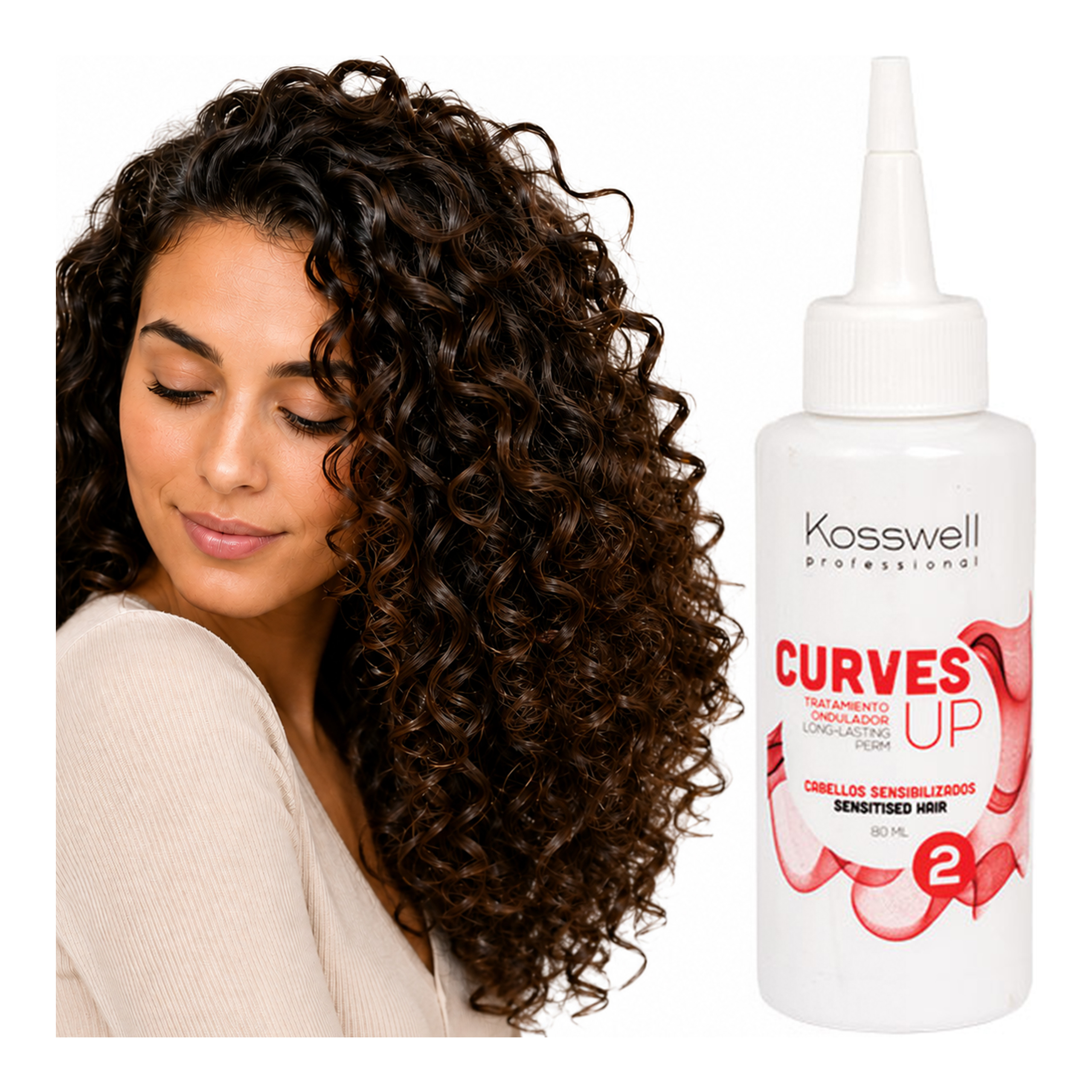 Kosswell Curves UP 2 80 ml, płyn do trwałej ondulacji do włosów uwrażliwionych w profesjonalnej aranżacji