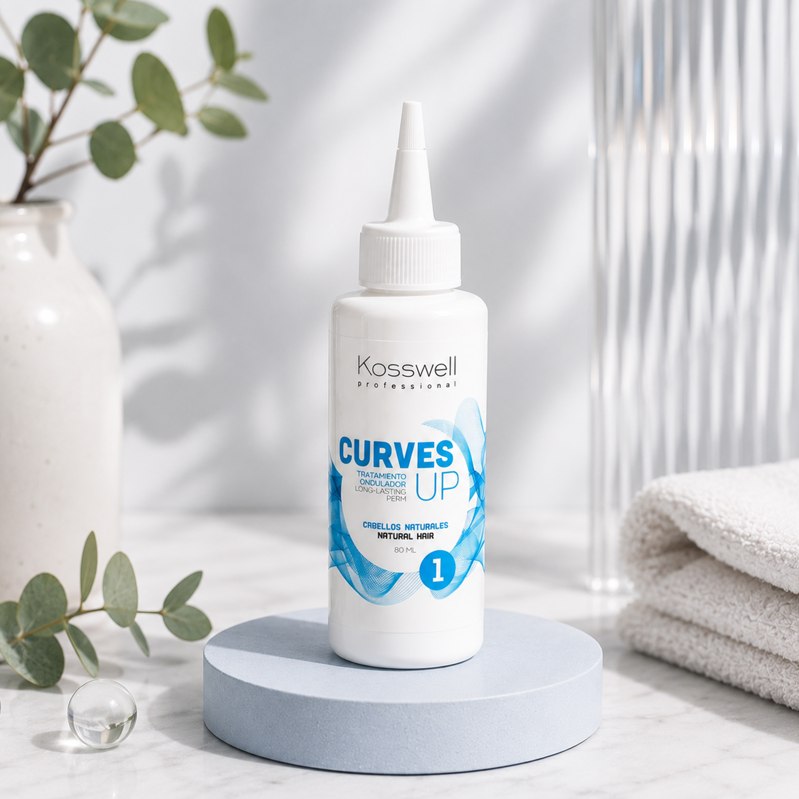Kosswell Curves UP 1 80 ml, płyn do trwałej ondulacji do włosów naturalnych w profesjonalnej aranżacji