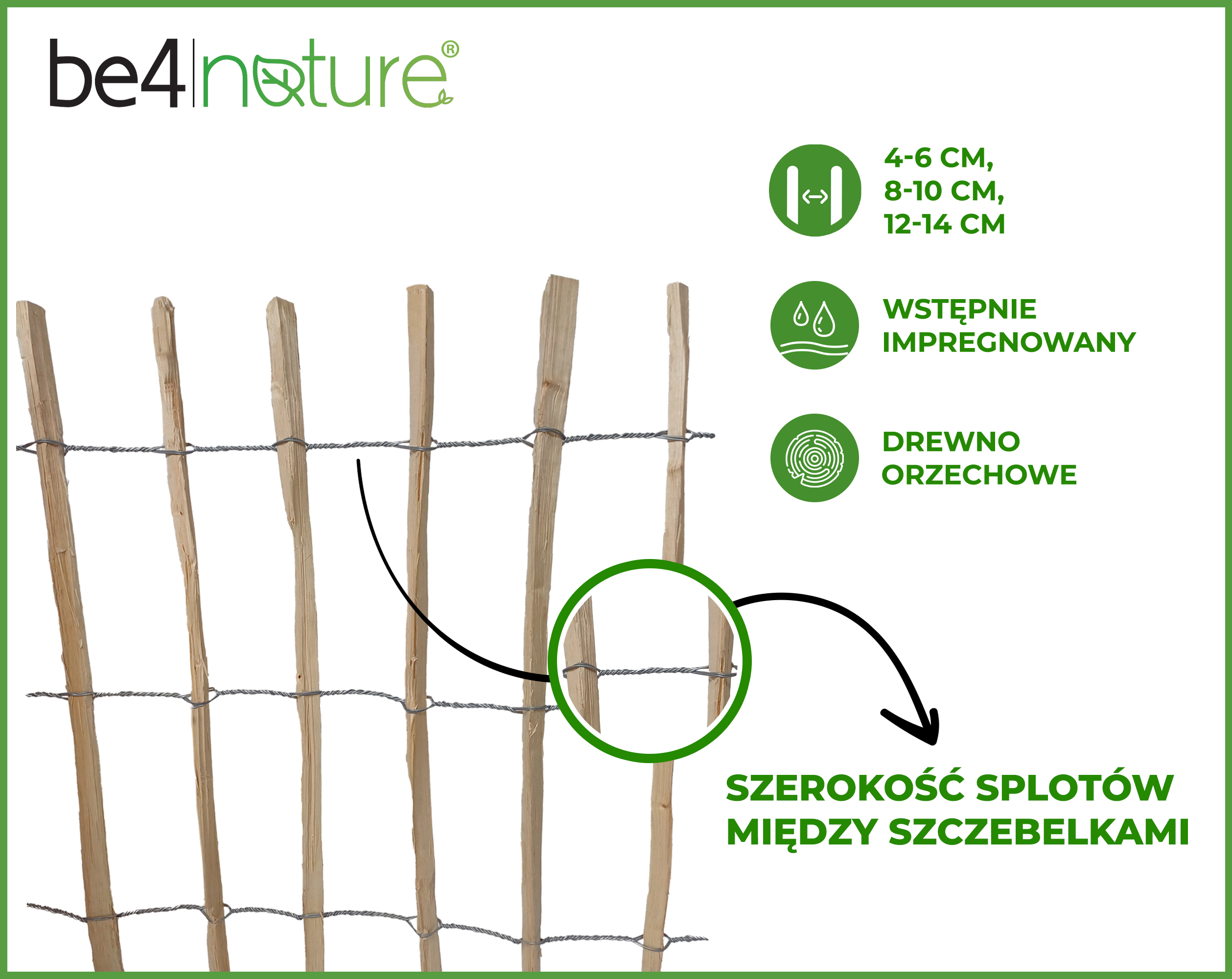 be4nature Płot leszczynowy 100 x 100 cm rozstaw szczebelków 8-10 cm