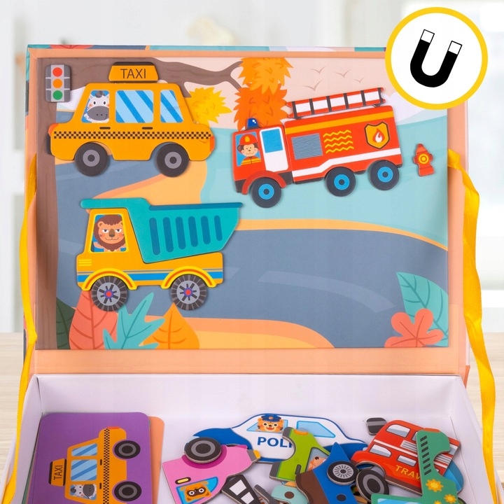 UKŁADANKA MAGNETYCZNA KSIĄŻECZKA PUZZLE POJAZDY 12 NA MAGNES 65 ELEMENTÓW