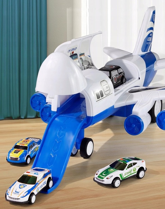 SAMOLOT Z 18 SAMOCHODAMI dla dzieci zabawki o tematyce policyjnej