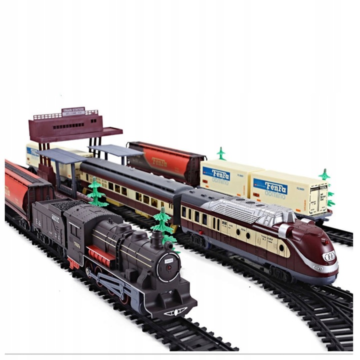 WIELKA KOLEJKA POCIĄG TORY 10 metrów LOKOMOTYWA LED 7 wagonów DRZEWKA PERON