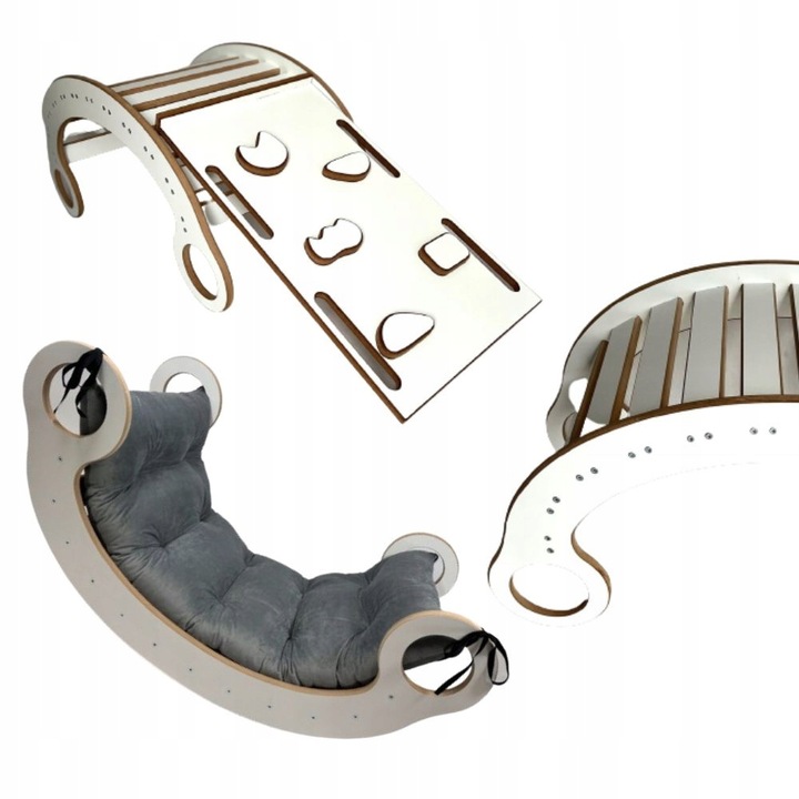 Drewniany Bujak Montessori dziecka +Poduszka Szara +Ścianka +Zjeżdżalnia CE