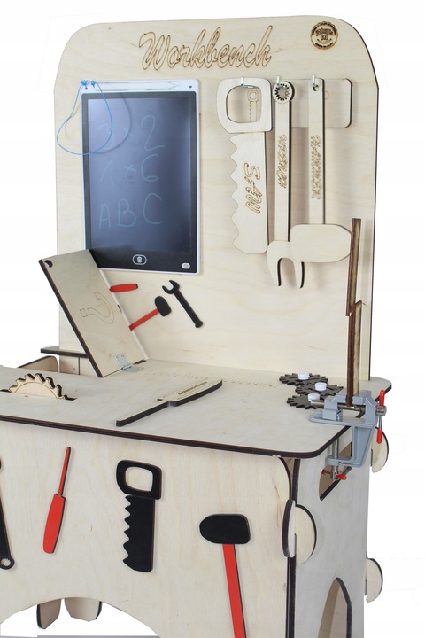 Drewniany warsztat majsterkowicza tablet kłódka imadło schowek piła POLSKI!