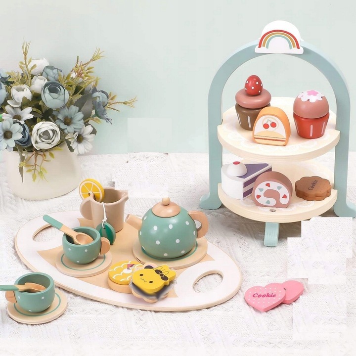 CUKIERNIA DREWNIANY ZESTAW DO HERBATY SERWIS KAWOWY AKCESORIA DO ZABAWY FI