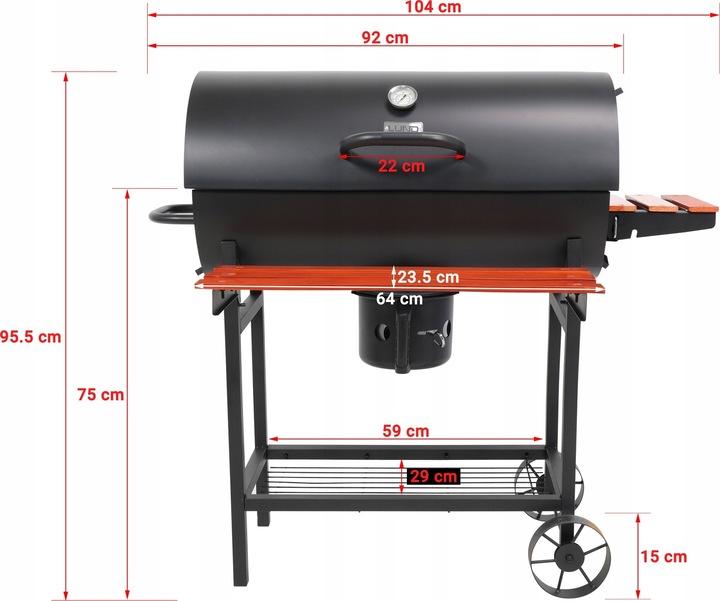 GRILL OGRODOWY WĘGLOWY Z POKRYWĄ DUŻY RUSZT 71x34,5cm POPIELNIK 3 PÓŁKI