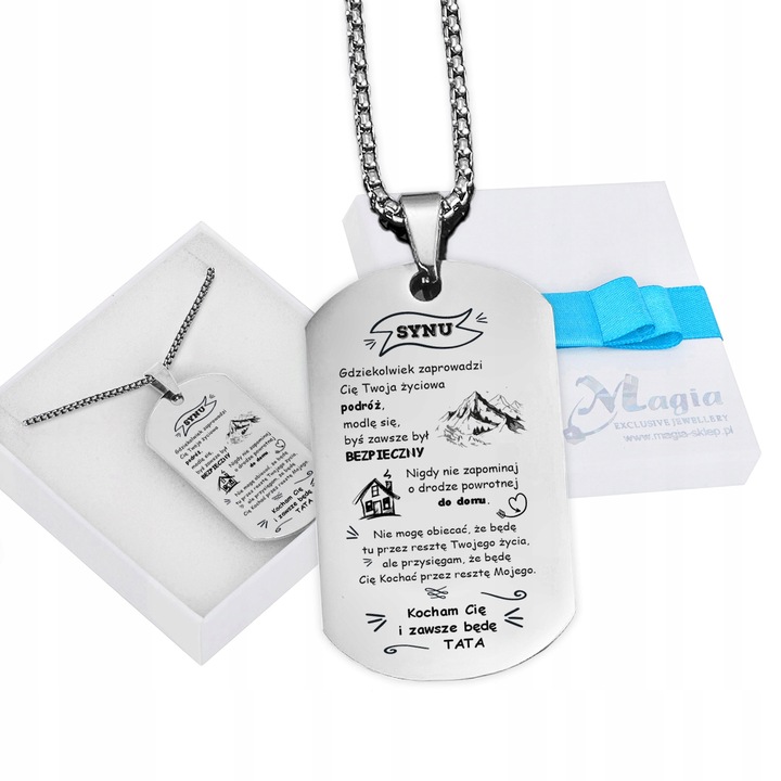 Srebrny Nieśmiertelnik Grawer Prezent dla Syna od Taty Naszyjnik Męski BOX