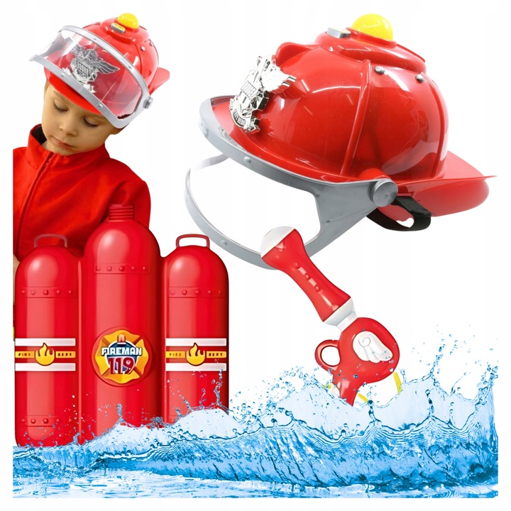 KASK STRAŻACKI Interaktywny + PISTOLET na WODĘ ze zbiornikiem MAŁY STRAŻAK
