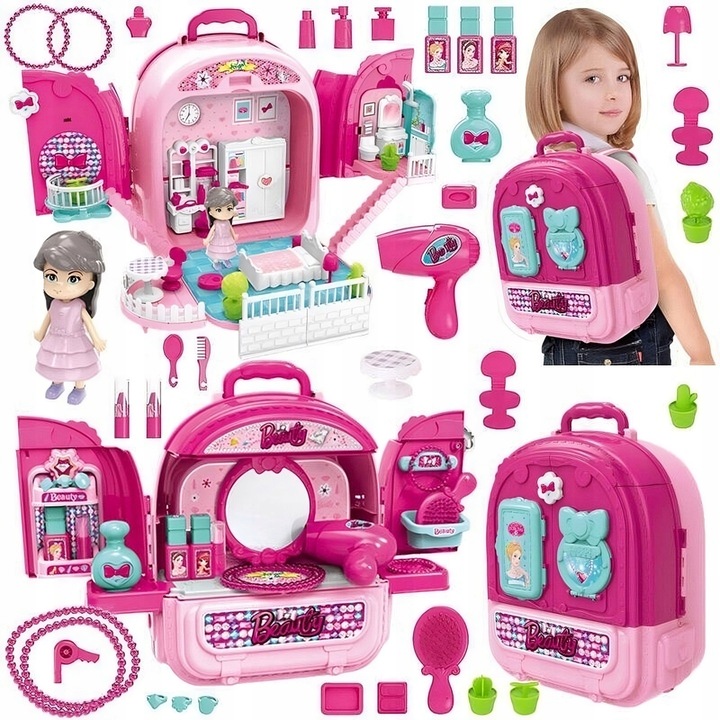 Toaletka w plecaku lalka DOMKU salon dla dzieci 3w1 dla 3 4 5 6 7 latki
