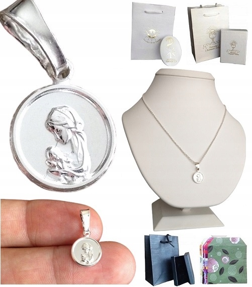 Łańcuszek srebrny medalik Matka Boska z Dzieciątkiem (na PREZENT Komunia)
