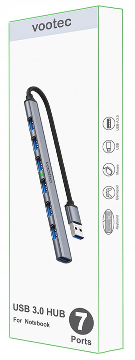 HUB USB 3.0 Rozdzielacz Rozgałęźnik 7 Portów 7x USB Slim 7w1 Smukły Vootec
