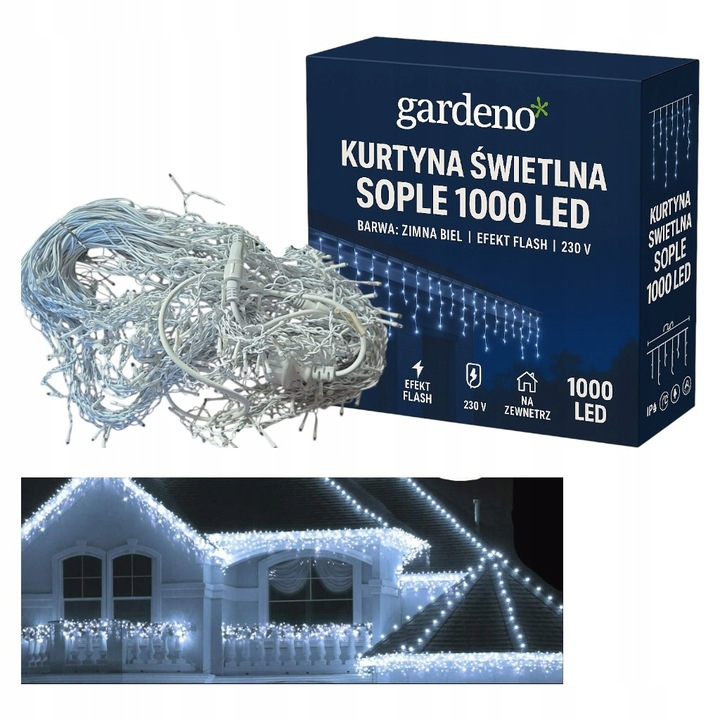 SOPLE 1000 LED kurtyna świetlna BIAŁE ZIMNE 40m GIRLANDA zewnętrzna FLASH