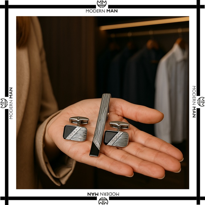 ZESTAW SPINKI DO MANKIETOW I KRAWATA SREBRNO CZARNE ELEGANCKI DLA MEZCZYZNY