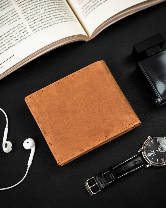 Portfel skórzany męski RFID pojemny na prezent brązowy nubukowy Peterson