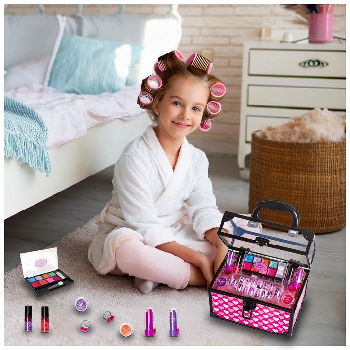 KUFEREK KOSMETYCZKA DLA DZIEWCZYNKI CIENIE LAKIERY TIPSY SZMINKA +BIŻUTERIA