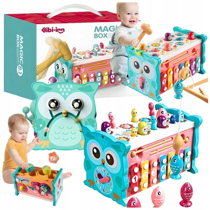 MAGICZNA EDUKACYJNE PUDEŁKO WBIJAK ZEGAR SÓWKA MŁOTEK