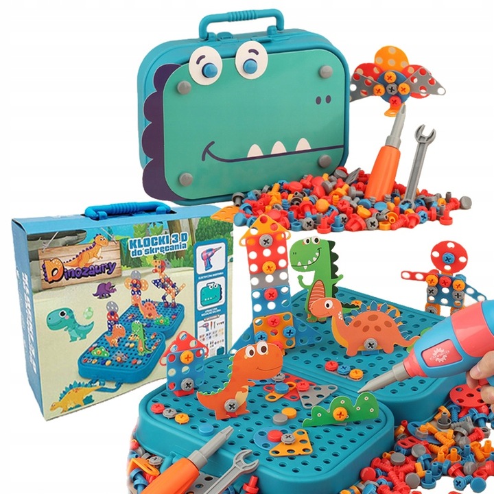 Klocki konstrukcyjne w walizce wkrętarka śrubki do skręcania dinozaur