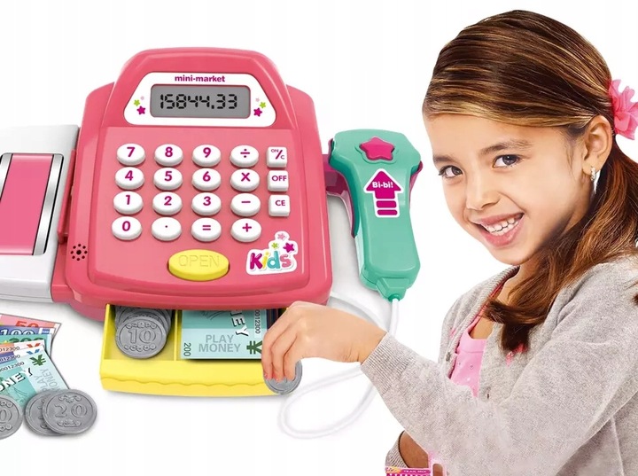 KASA SKLEPOWA FISKALNA SKANER DŹWIĘK KALKULATOR MONETY PIENIĄDZE AKCESORIA