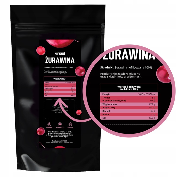 Żurawina Liofilizowana 100g 100 g Chrupiące Liofilizowane Owoce Całe HiFood