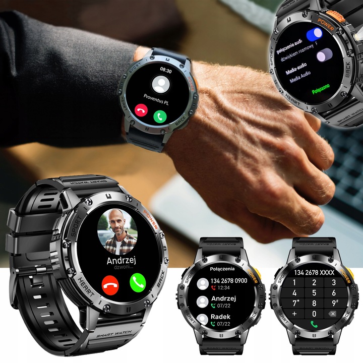 Zegarek Męski Smartwatch AMOLED IP68 530mAh Pomiary Rozmowy SMS Latarka PL