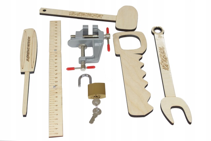 Drewniany warsztat majsterkowicza tablet kłódka imadło schowek piła POLSKI!