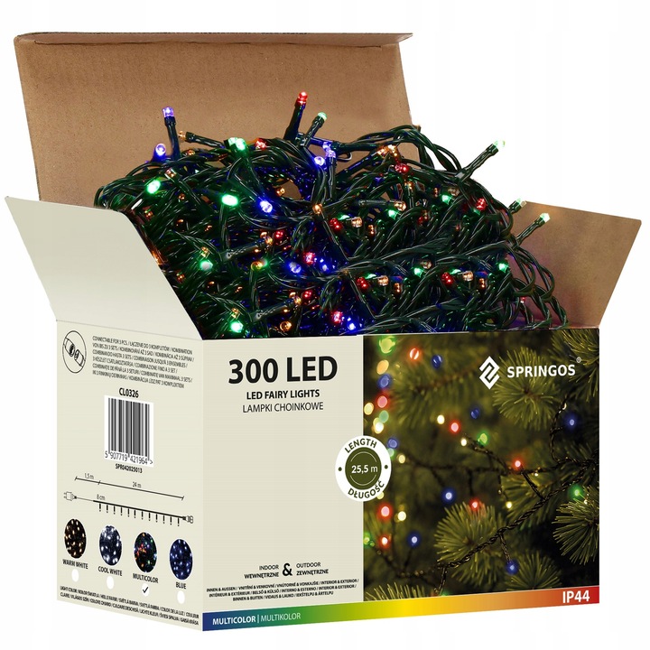 LAMPKI CHOINKOWE 300 LED 20m ZEWNĘTRZNE GRUBE STAŁE ŚWIATŁO MULTIKOLOR