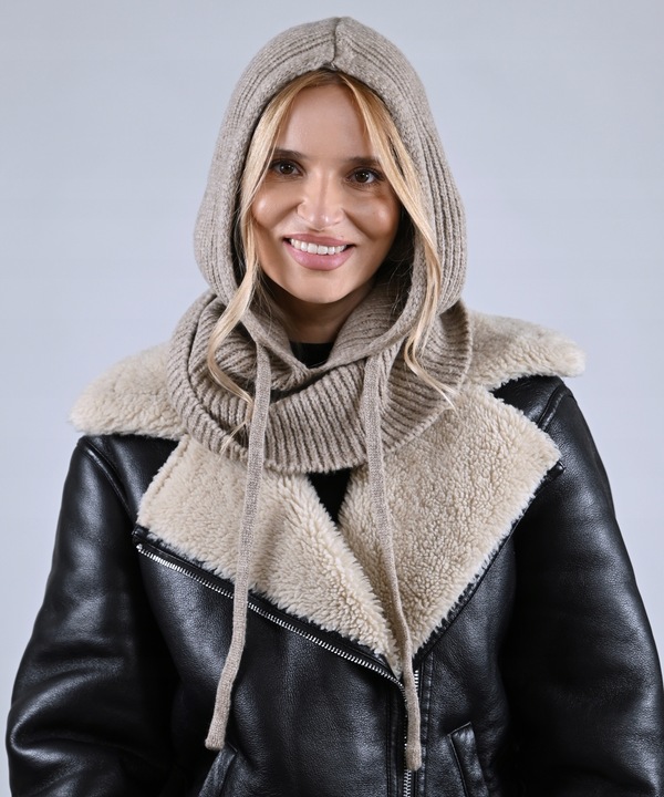 CZAPKA Kominiarka KAPTUR komin Balaclava damska ciepła miekka zimowa Latte