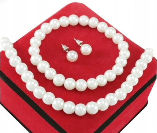 KOMPLET 3 CŻĘŚCIOWY ELEGANCKI BIAŁE PERŁY 8 mm