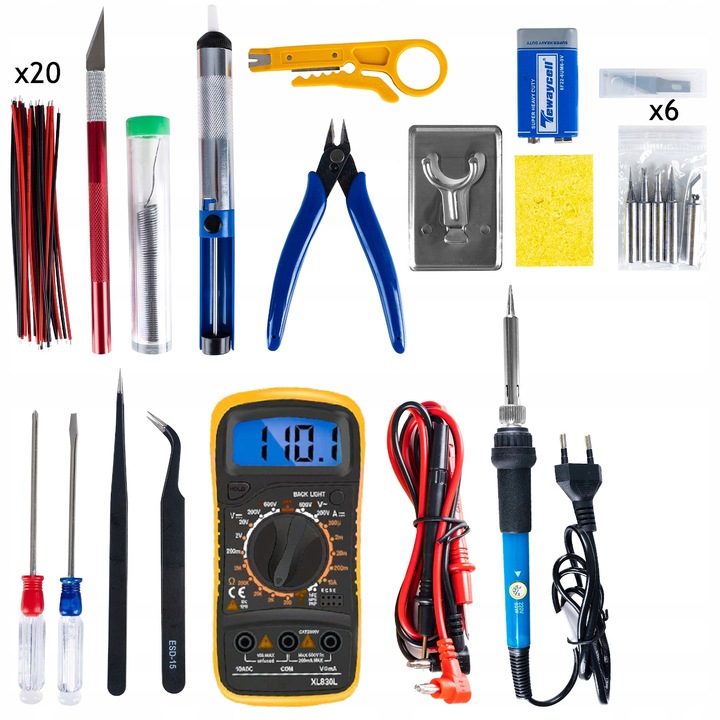 Lutownica ZESTAW NARZĘDZI DO LUTOWANIA 40 ELEMENTÓW MULTIMETR 6 GROTÓW CYNA